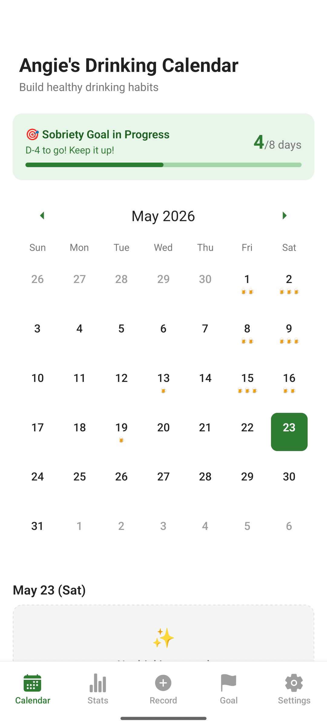 Angie's Drink Calendar calendar screen